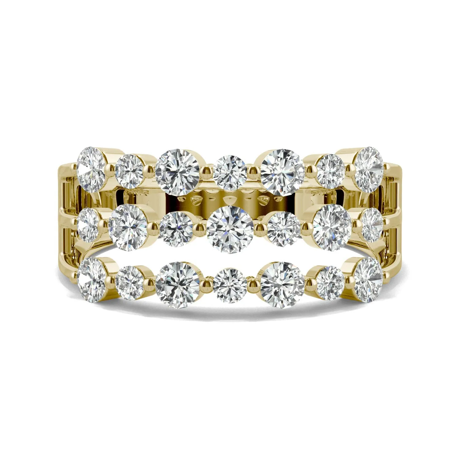 0.91 CTW DEW Round Moissanite Three Row Ring in 14K Yellow Gold