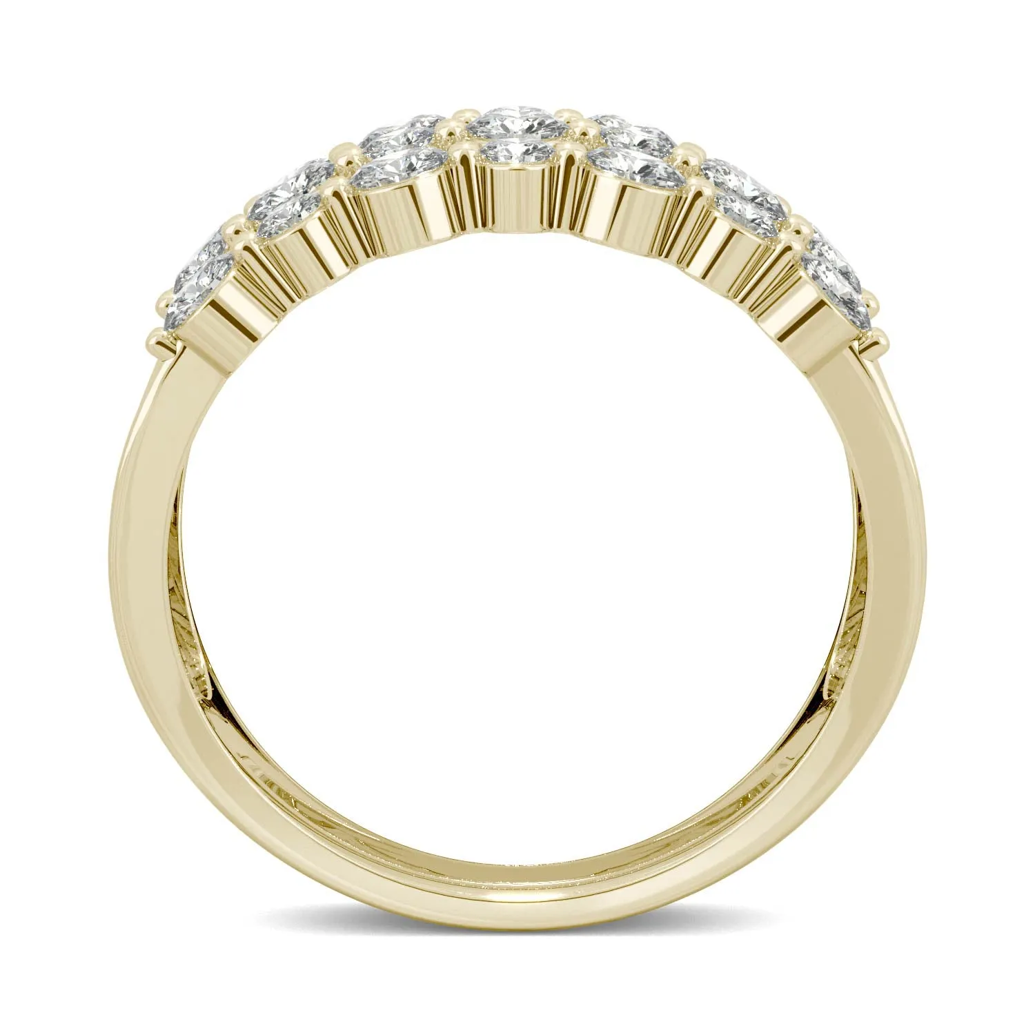 0.91 CTW DEW Round Moissanite Three Row Ring in 14K Yellow Gold