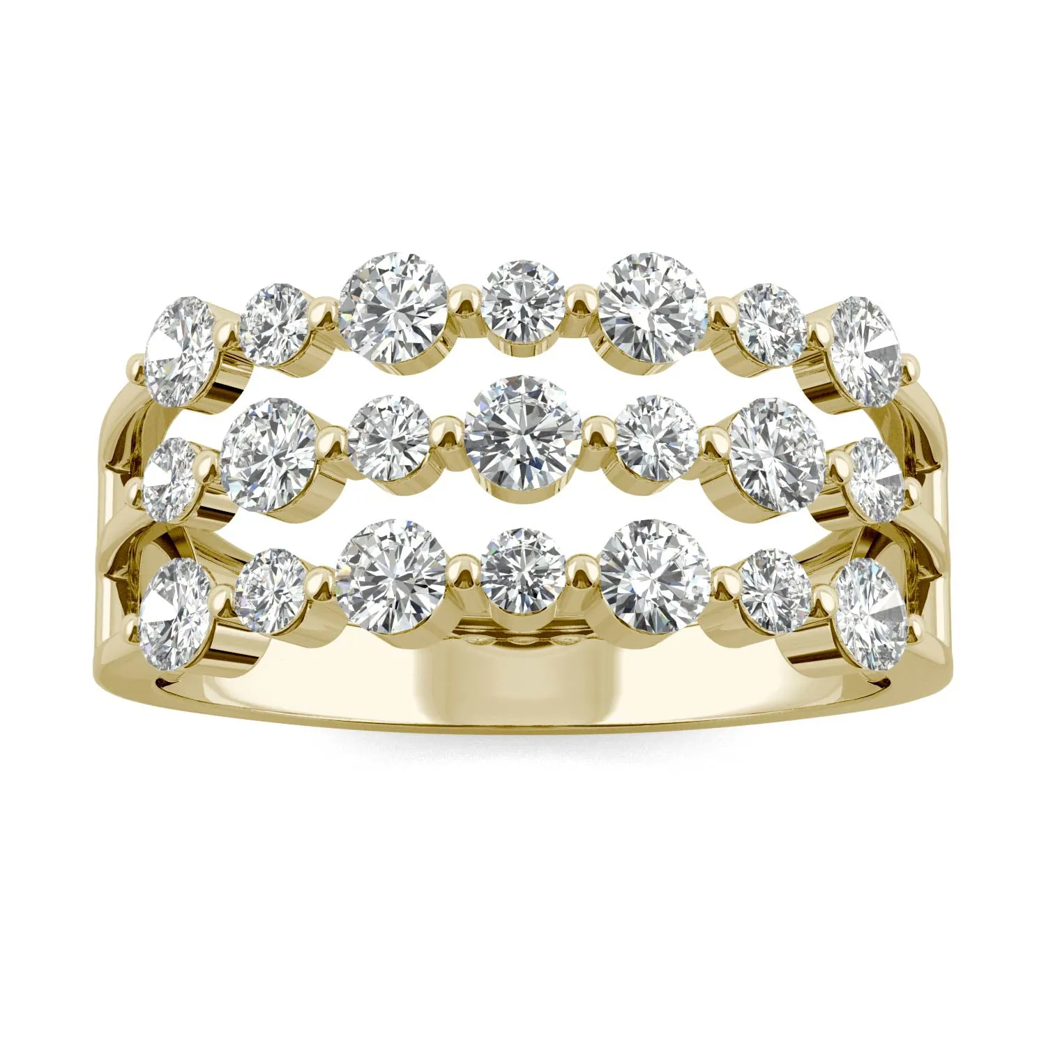 0.91 CTW DEW Round Moissanite Three Row Ring in 14K Yellow Gold