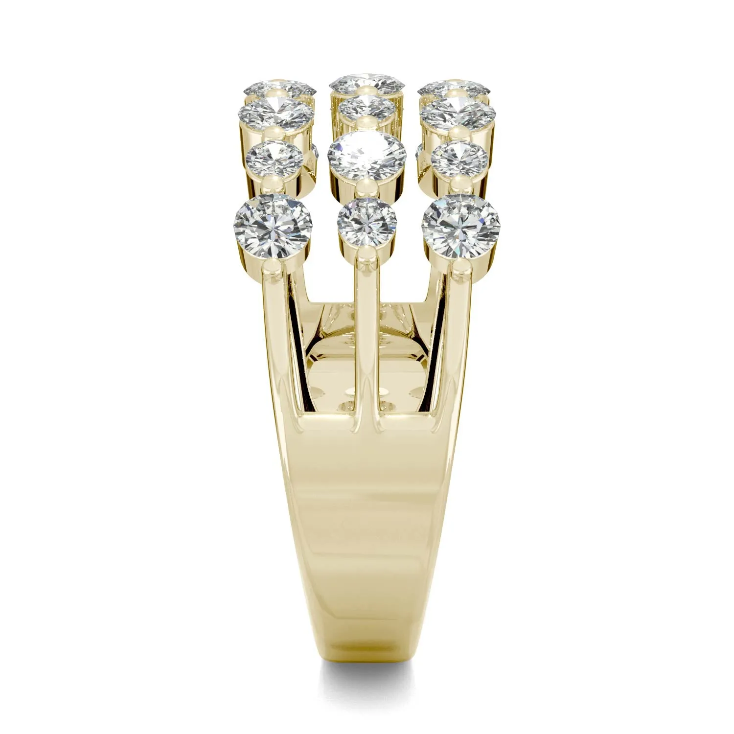 0.91 CTW DEW Round Moissanite Three Row Ring in 14K Yellow Gold