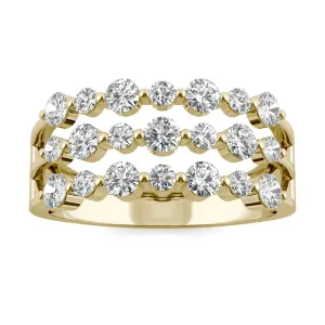 0.91 CTW DEW Round Moissanite Three Row Ring in 14K Yellow Gold
