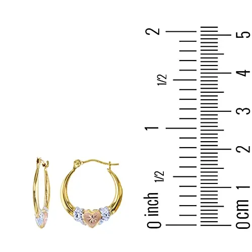 14K Gold Tricolor Diamond Cut Heart Hoop Earrings