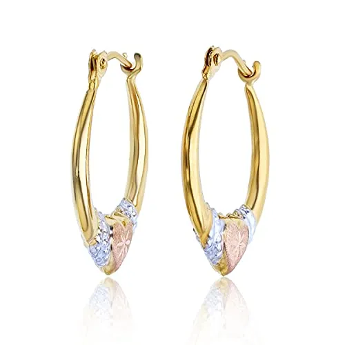 14K Gold Tricolor Diamond Cut Heart Hoop Earrings