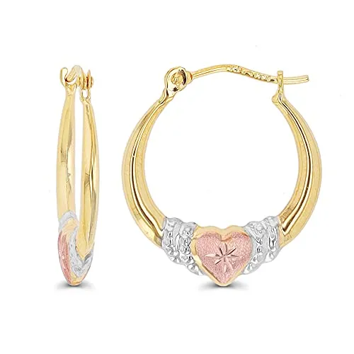 14K Gold Tricolor Diamond Cut Heart Hoop Earrings