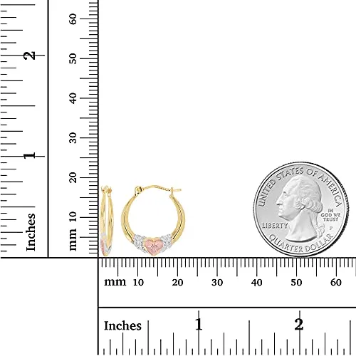 14K Gold Tricolor Diamond Cut Heart Hoop Earrings