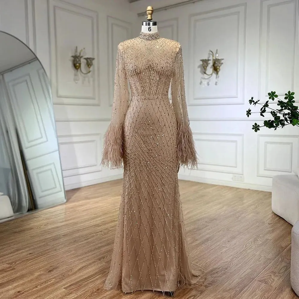 2024 Luxury Nude Beaded Feather Mermaid Evening Dress High Neck