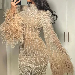 2024 Luxury Nude Beaded Feather Mermaid Evening Dress High Neck
