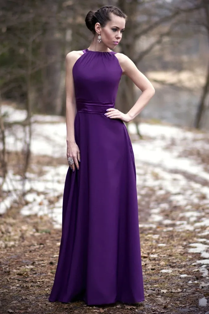 A-line Halter Floor Length Charmeuse Back-bow Evening Dress