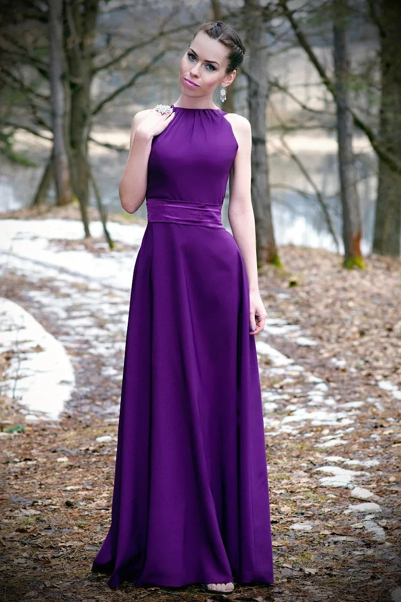 A-line Halter Floor Length Charmeuse Back-bow Evening Dress