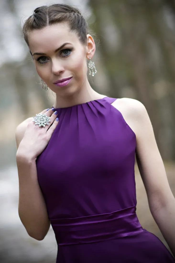 A-line Halter Floor Length Charmeuse Back-bow Evening Dress
