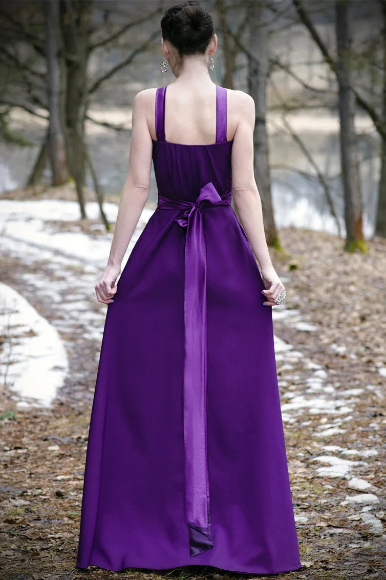 A-line Halter Floor Length Charmeuse Back-bow Evening Dress