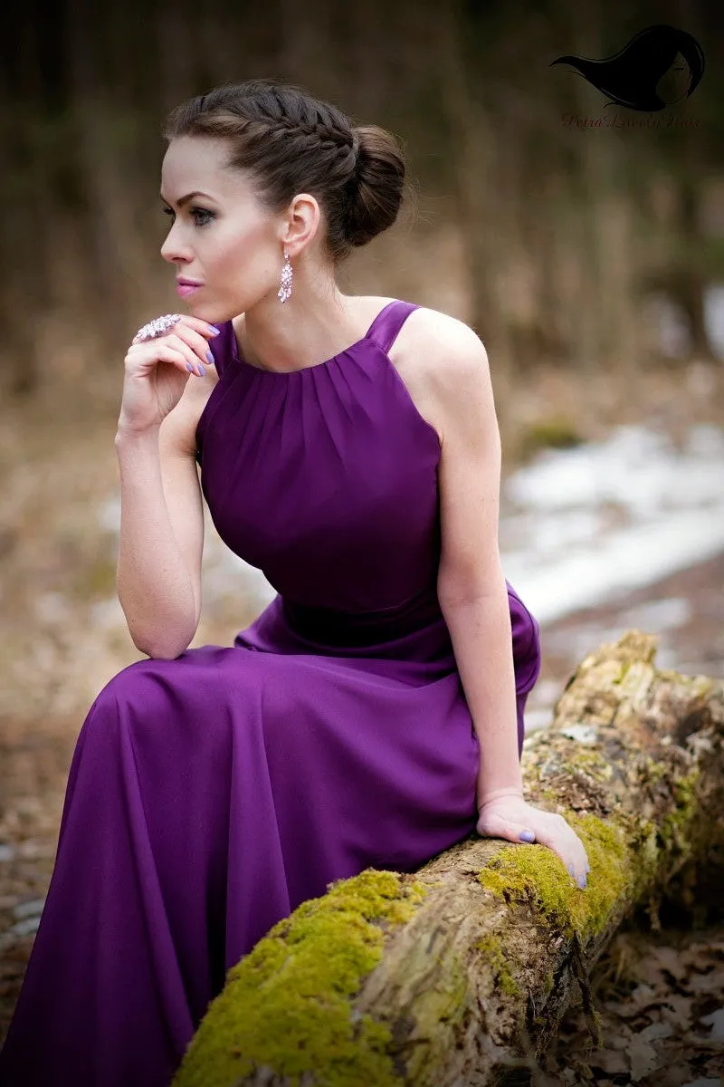 A-line Halter Floor Length Charmeuse Back-bow Evening Dress