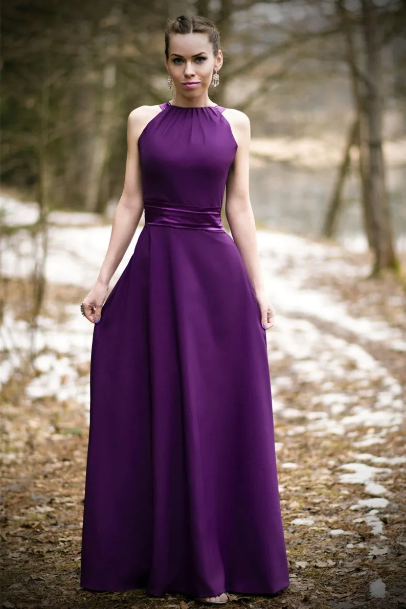 A-line Halter Floor Length Charmeuse Back-bow Evening Dress