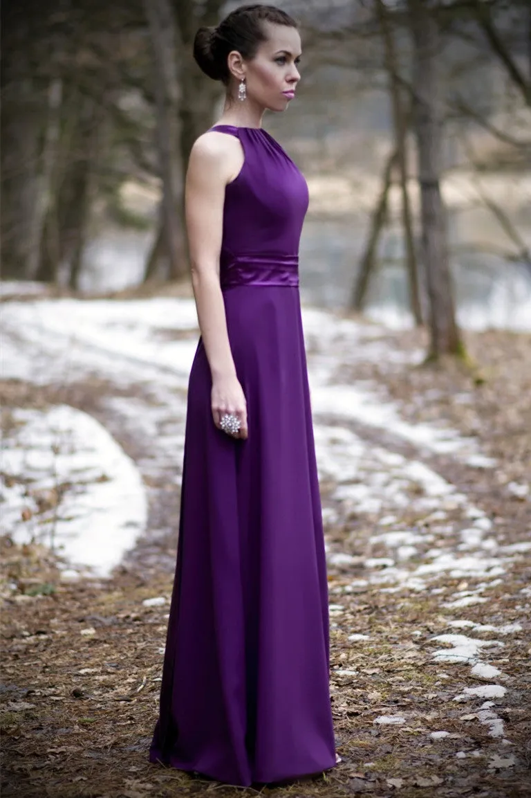 A-line Halter Floor Length Charmeuse Back-bow Evening Dress