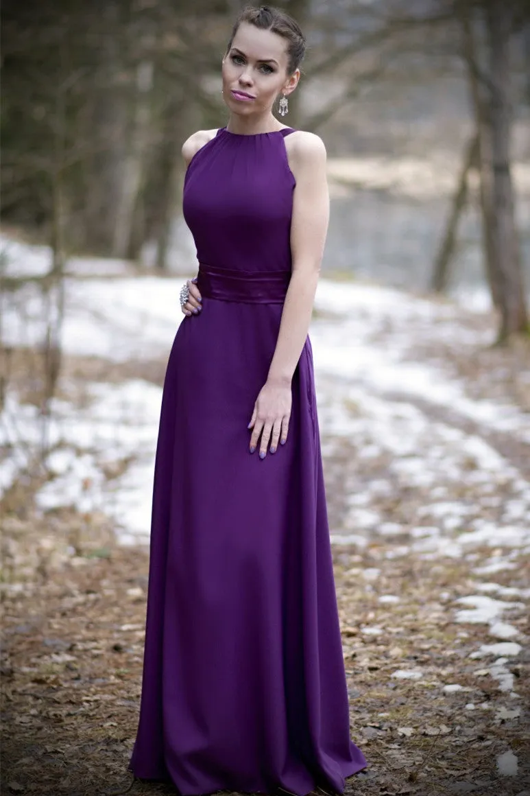 A-line Halter Floor Length Charmeuse Back-bow Evening Dress