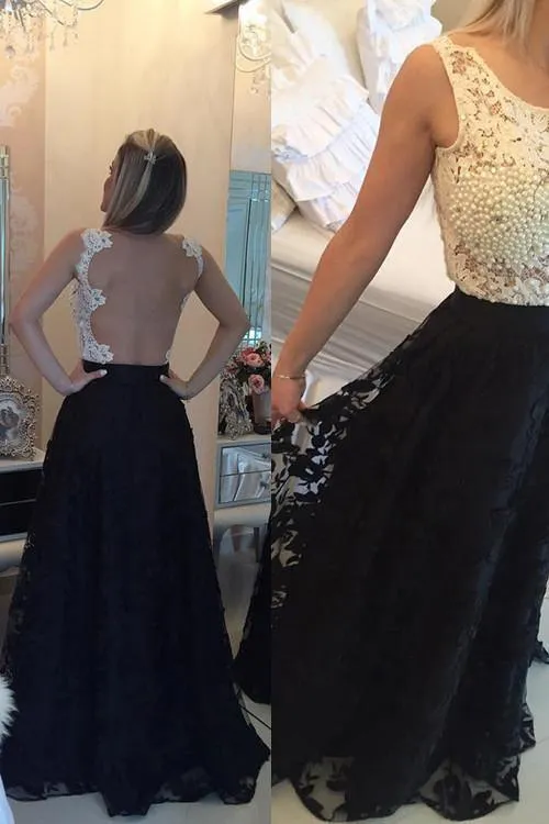 A-line Jewel Lace Sleeveless Pearls Black Long Prom/Evening Dress PG283