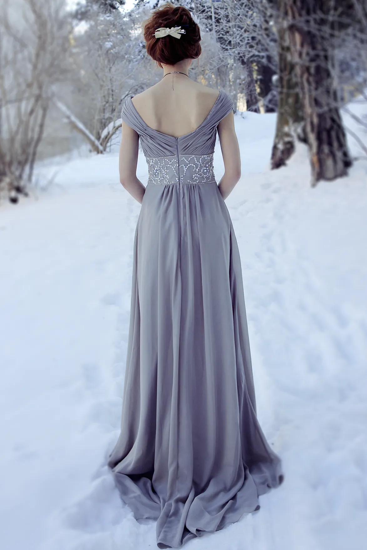 A-line Off-the-shoulder Floor Length Chiffon Beading Evening Dress