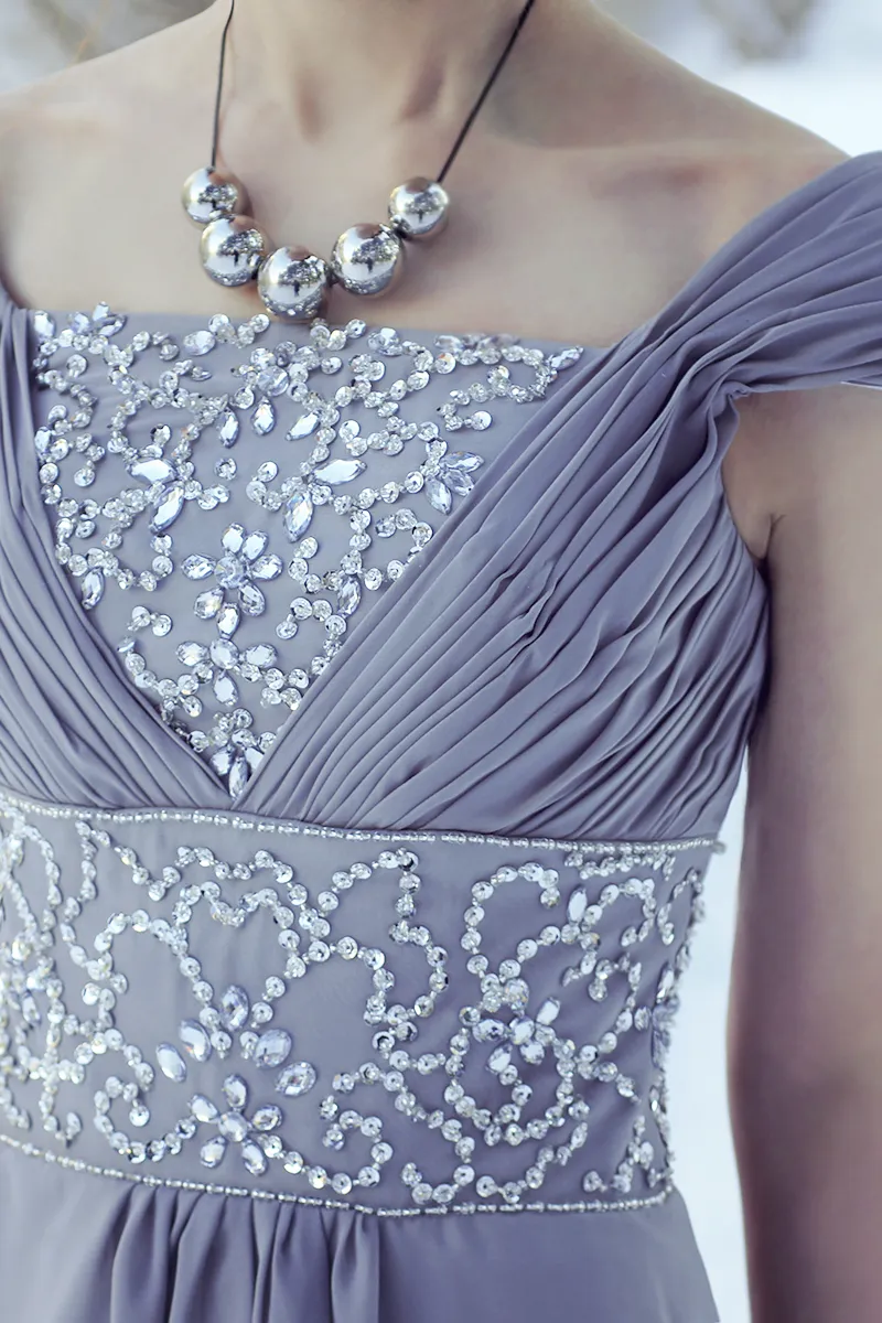 A-line Off-the-shoulder Floor Length Chiffon Beading Evening Dress