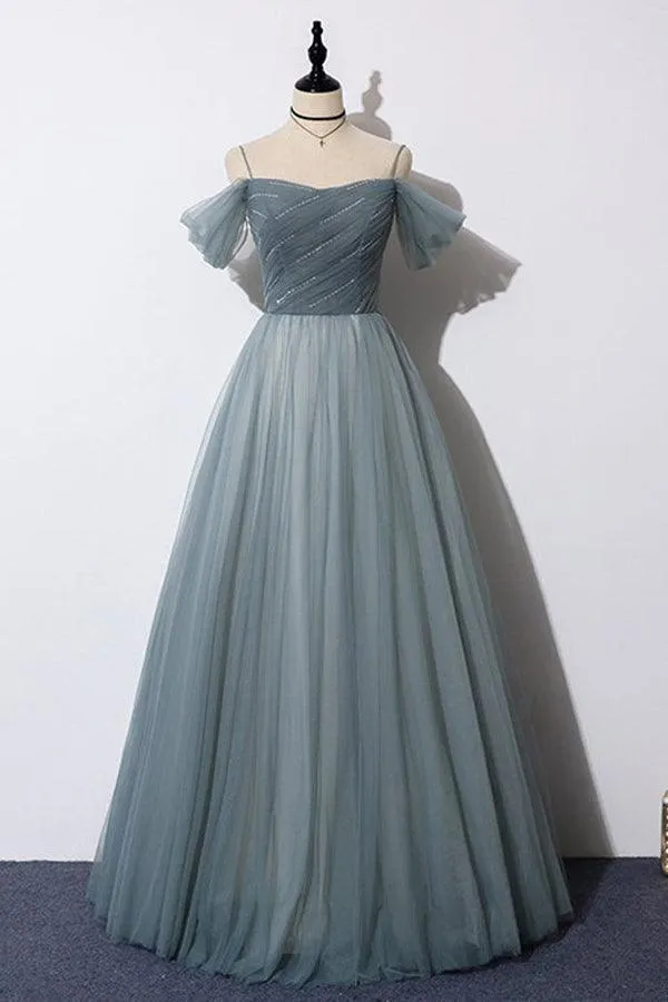A-line Off the Shoulder Grey Tulle Prom Dress Evening Dress TP1066