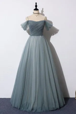 A-line Off the Shoulder Grey Tulle Prom Dress Evening Dress TP1066