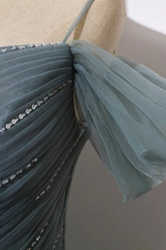 A-line Off the Shoulder Grey Tulle Prom Dress Evening Dress TP1066