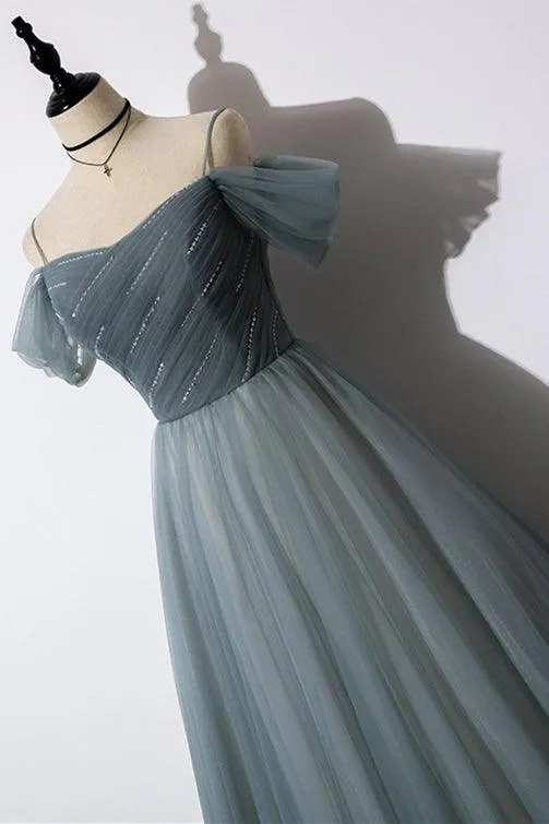 A-line Off the Shoulder Grey Tulle Prom Dress Evening Dress TP1066
