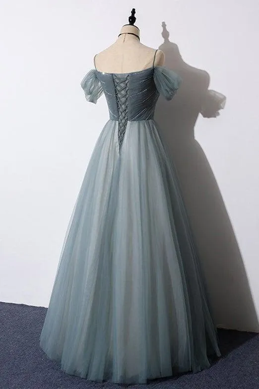 A-line Off the Shoulder Grey Tulle Prom Dress Evening Dress TP1066