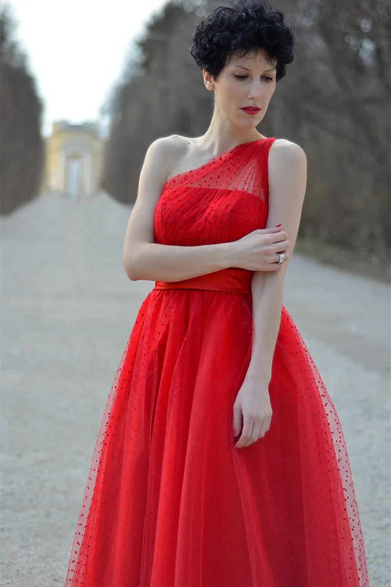 A-line One-shoulder Floor Length Sleeveless Tulle Evening Dress