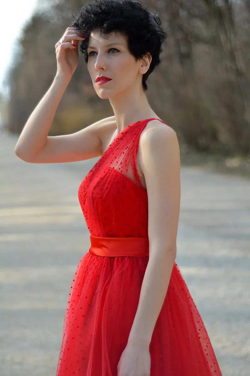 A-line One-shoulder Floor Length Sleeveless Tulle Evening Dress