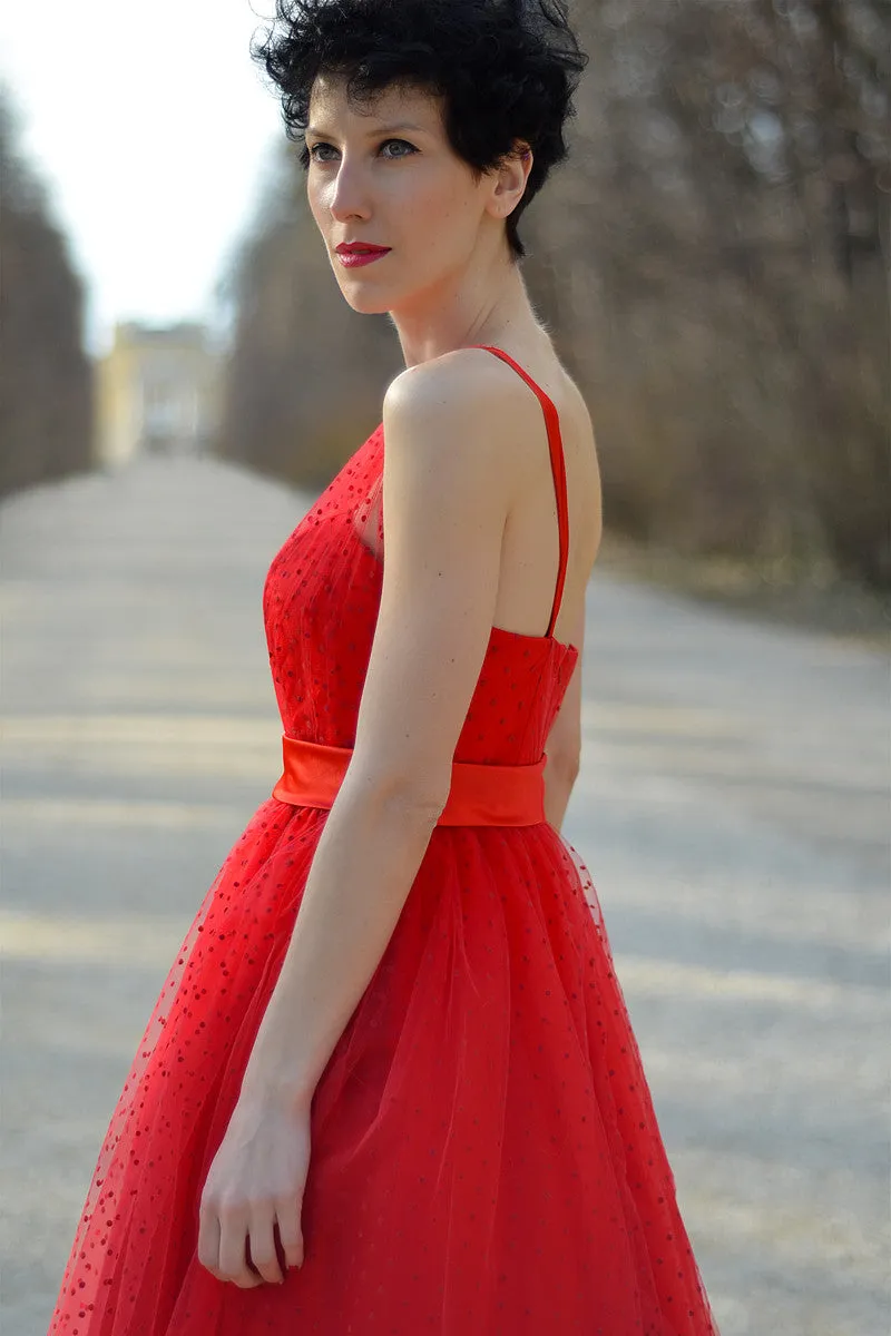 A-line One-shoulder Floor Length Sleeveless Tulle Evening Dress