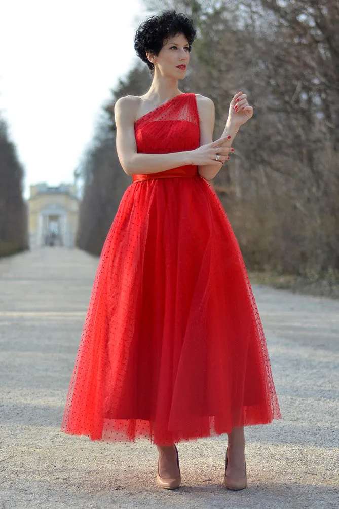 A-line One-shoulder Floor Length Sleeveless Tulle Evening Dress