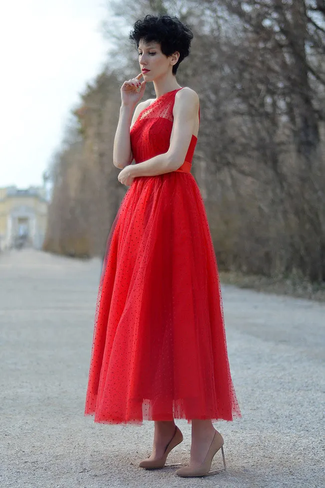 A-line One-shoulder Floor Length Sleeveless Tulle Evening Dress