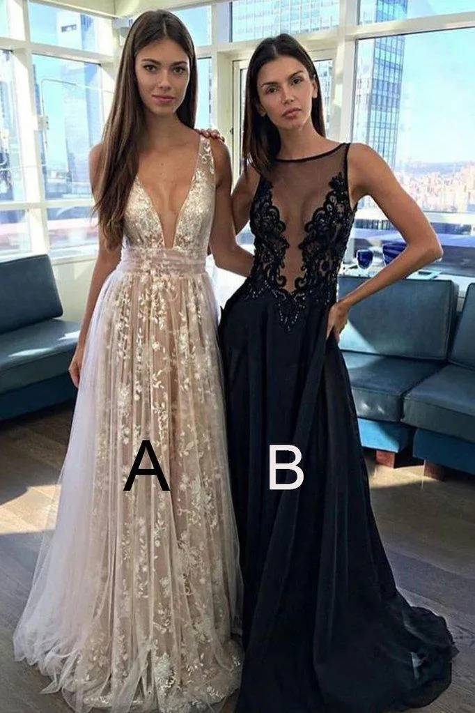 A Line Prom Dresses V-neck Sexy Evening Party Dresses, Long Formal Dress TP0881
