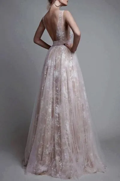 A Line Prom Dresses V-neck Sexy Evening Party Dresses, Long Formal Dress TP0881