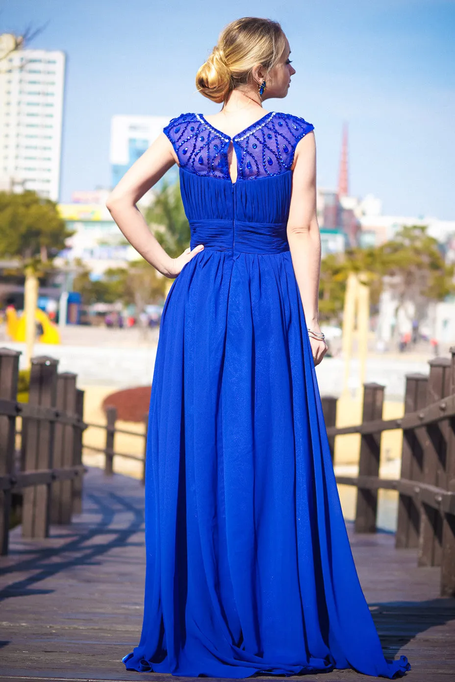 A-line Round Collar Floor Length Chiffon Rhinestone Evening Dress