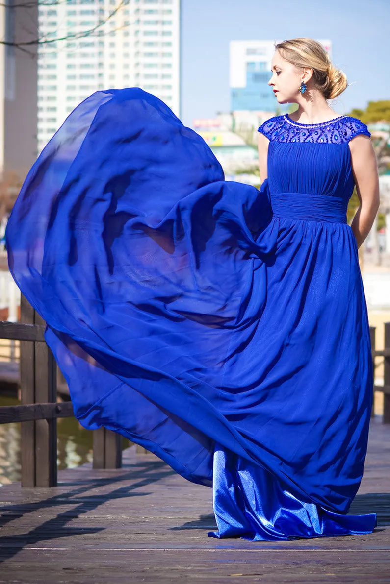 A-line Round Collar Floor Length Chiffon Rhinestone Evening Dress