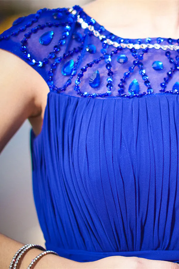 A-line Round Collar Floor Length Chiffon Rhinestone Evening Dress