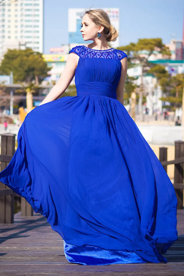 A-line Round Collar Floor Length Chiffon Rhinestone Evening Dress