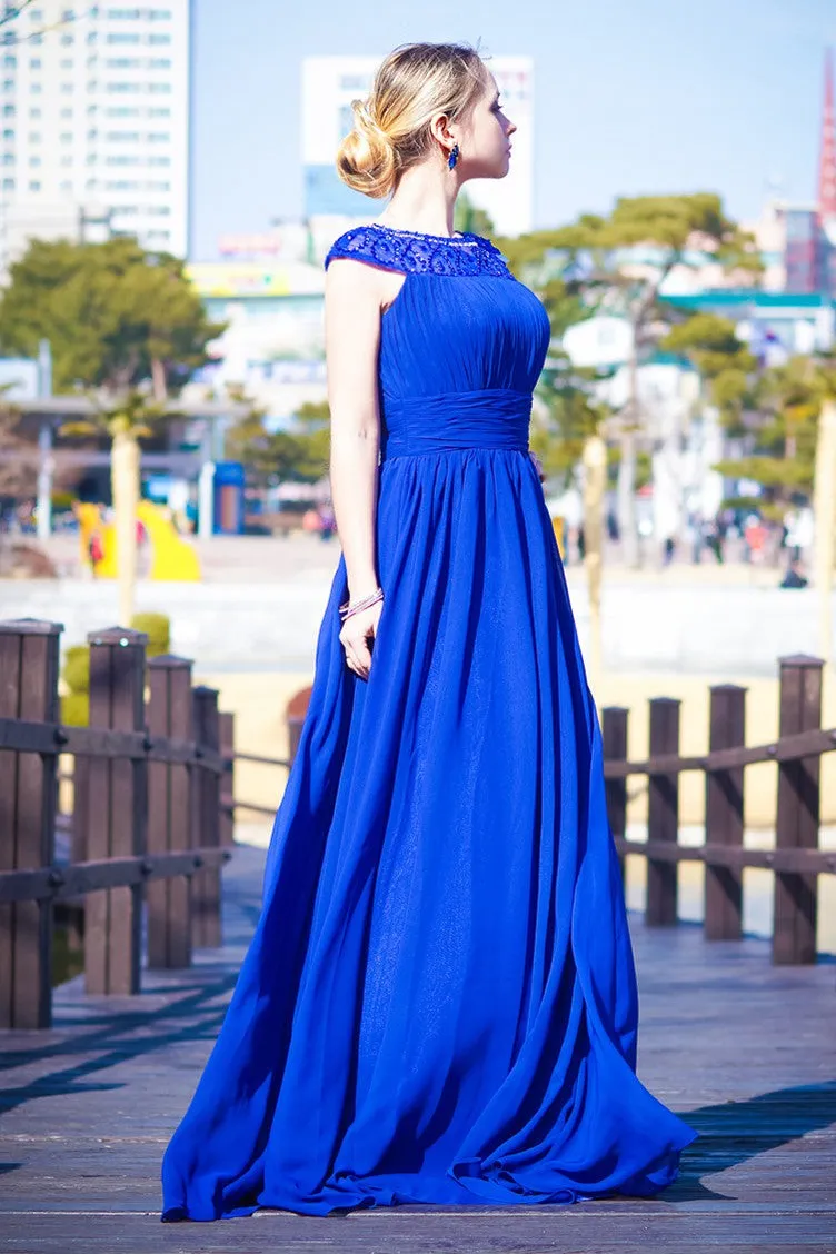 A-line Round Collar Floor Length Chiffon Rhinestone Evening Dress