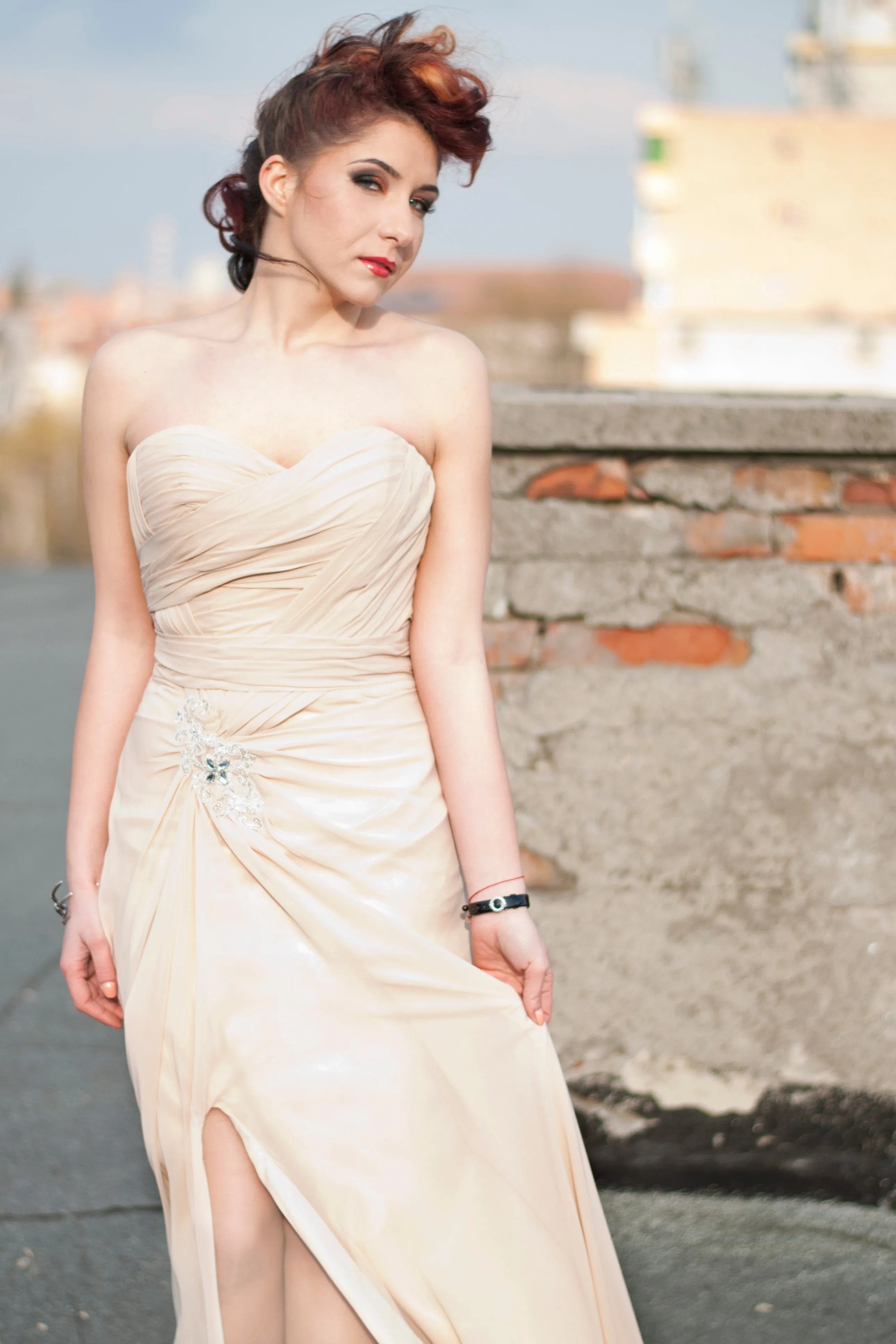 A-line Sweetheart Front Slit Floor Length Chiffon Applique Evening Dress
