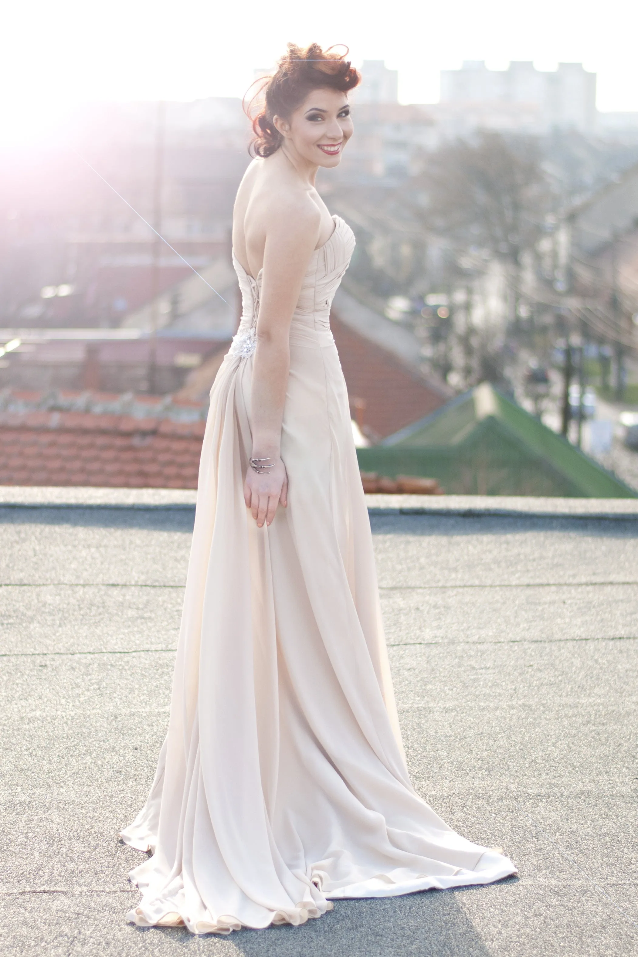 A-line Sweetheart Front Slit Floor Length Chiffon Applique Evening Dress