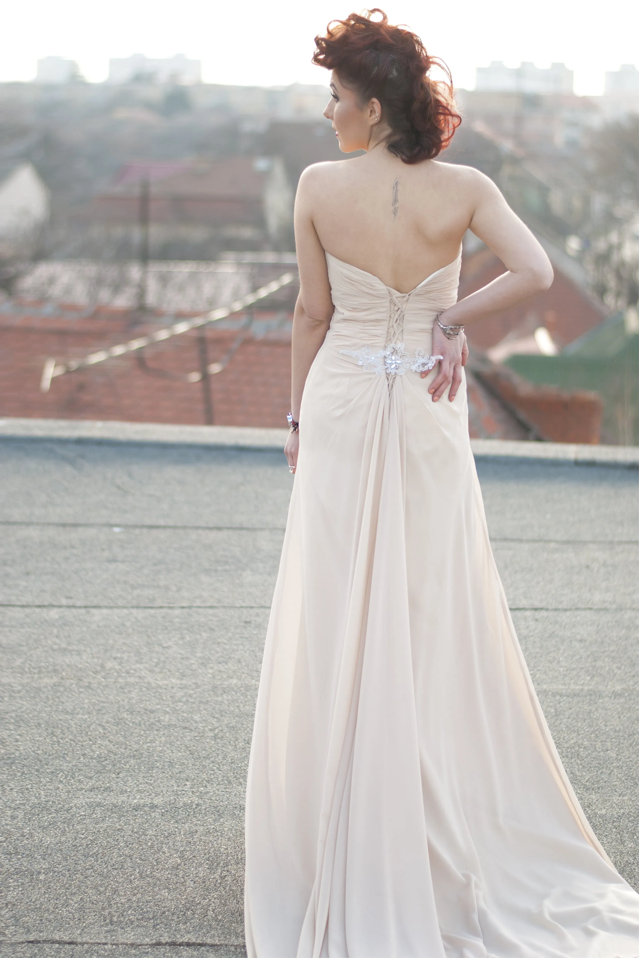 A-line Sweetheart Front Slit Floor Length Chiffon Applique Evening Dress