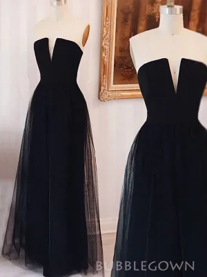 A-line Tulle Strapless V-neck Long Evening Prom Dresses, BGS0352