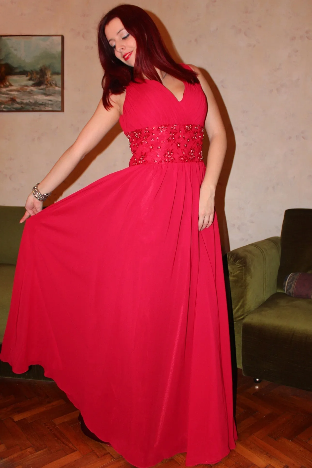 A-line V-neck Floor Length Sleeveless Chiffon Beaded Evening Dress