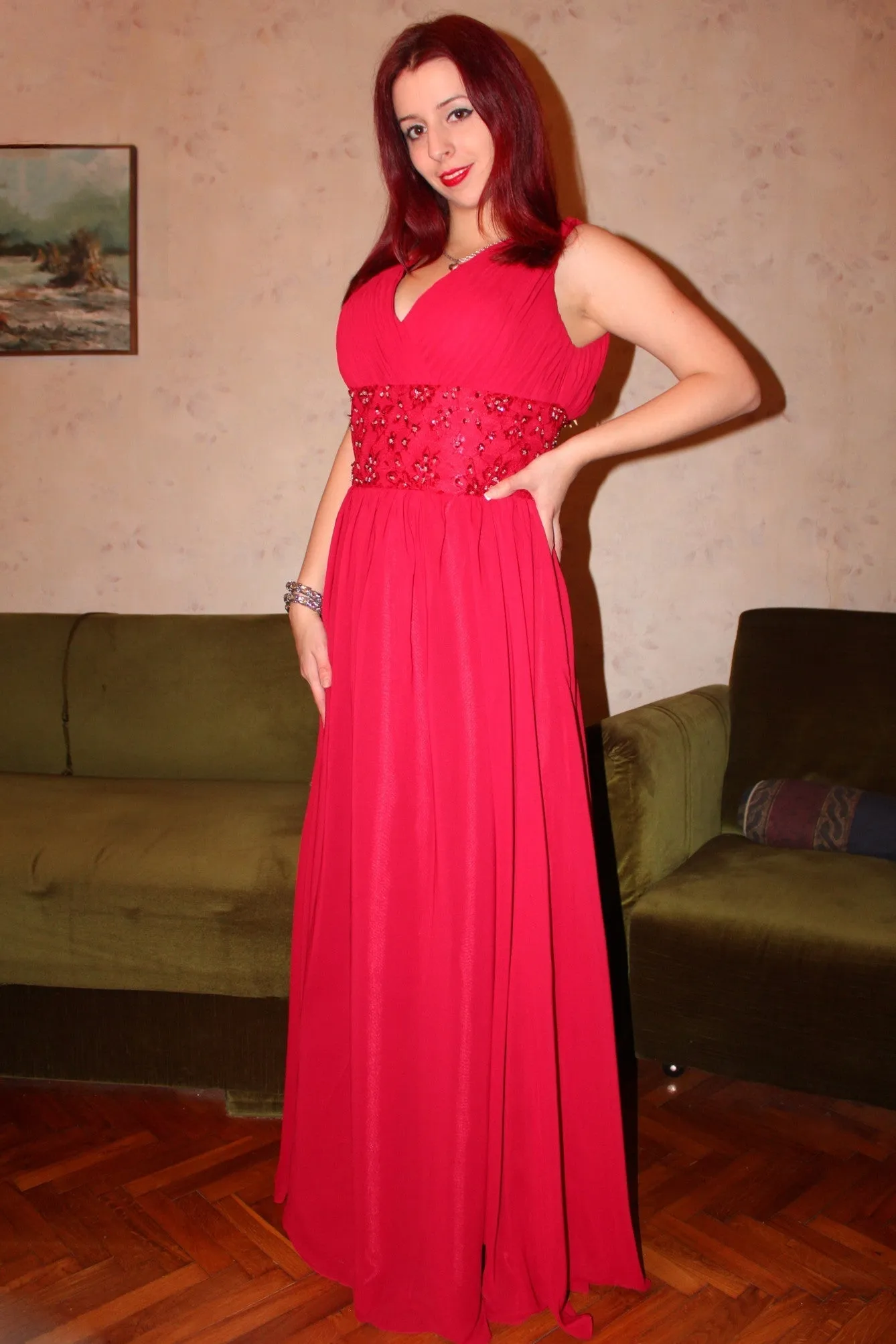A-line V-neck Floor Length Sleeveless Chiffon Beaded Evening Dress