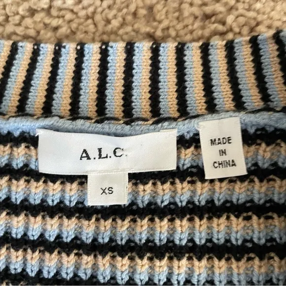 A.L.C. Caspian Cardigan Wheat Black Rain Stripe Knit Blue Size XS