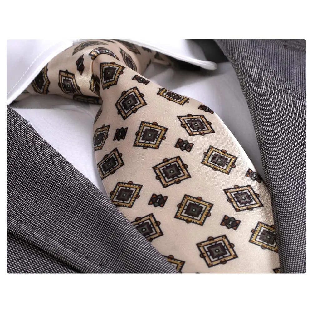 Amedeo Exclusive Men's Fashion Cream Check With Turquoise Silk Neck Tie Gift Box