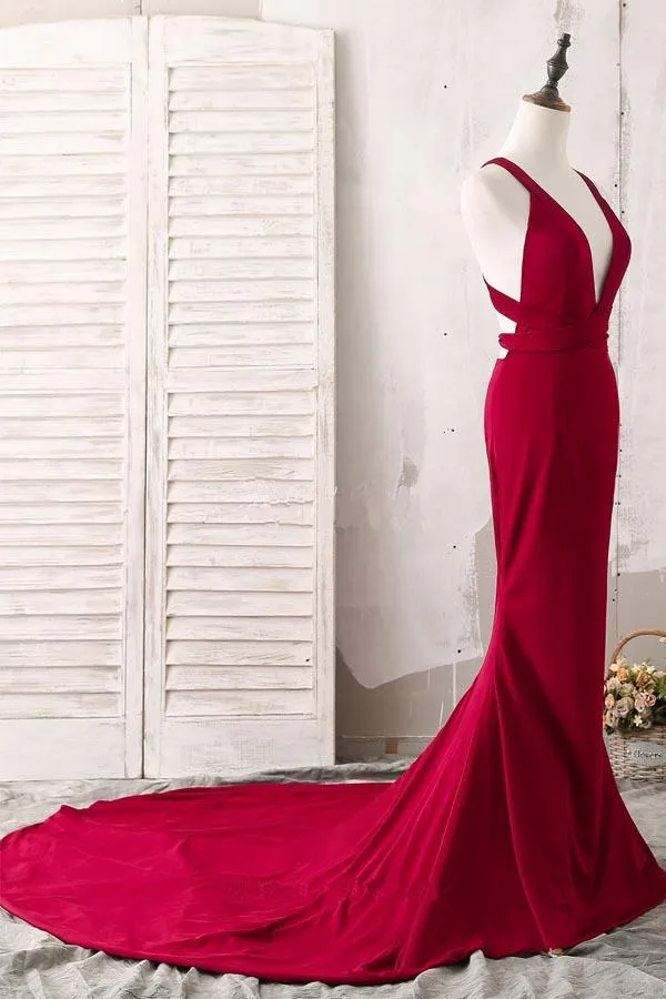 Anneprom Elegant Red Mermaid Plunging V-Neck Prom Evening Dresses APP0243