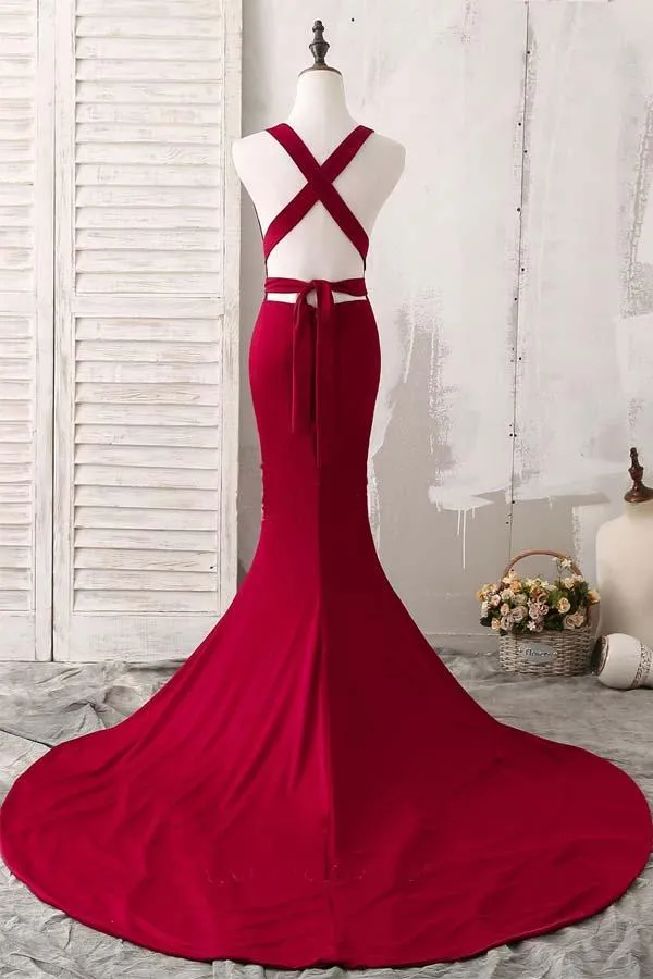 Anneprom Elegant Red Mermaid Plunging V-Neck Prom Evening Dresses APP0243