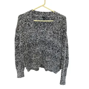 Aqua Women’s V-Neck Fuzzy Mohair Marled Sweater in Black/White Size M